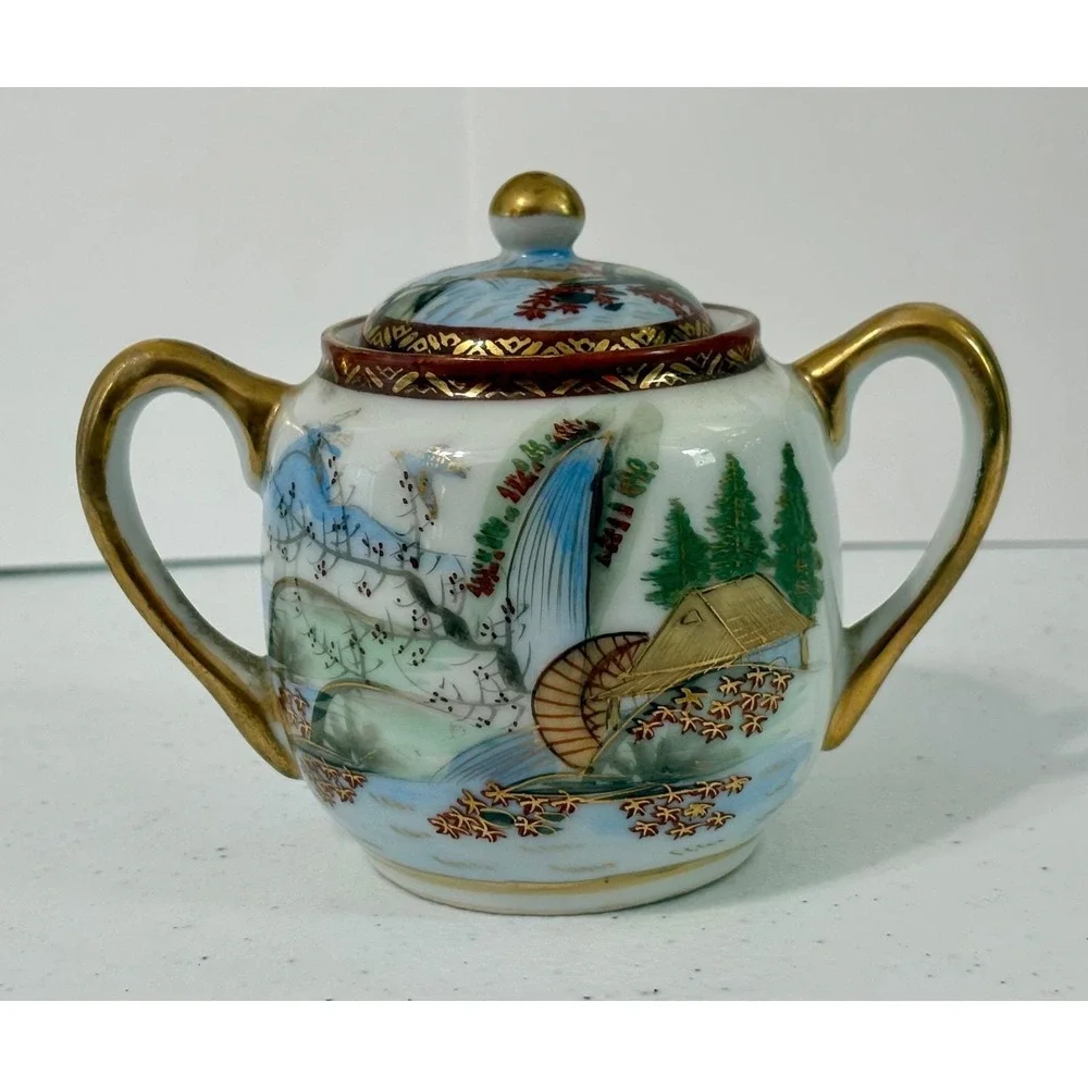 Vintage Japanese Hand Painted Porcelain Creamer and Sugar Bowl Set Waterfall